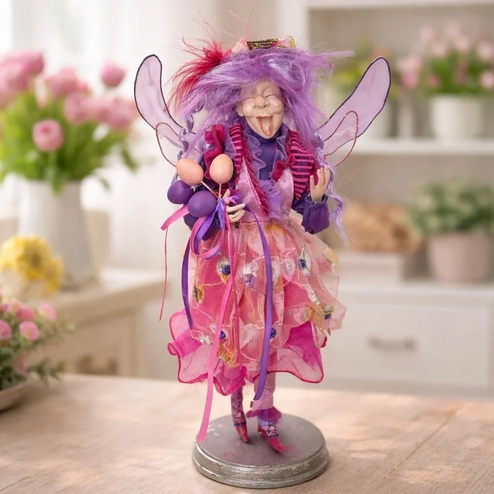 Vintage Whimsical Easter Fairy Figurine Pink Purple Egg Pixie Spring Decor 15”